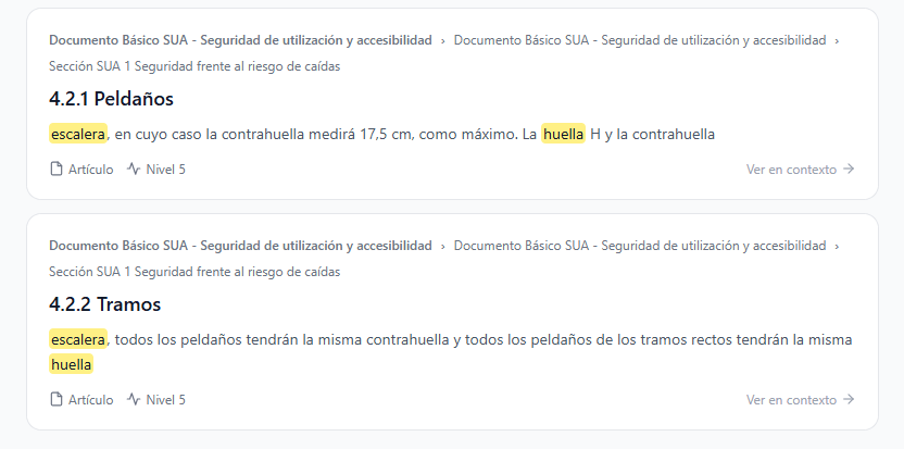 Resultados de búsqueda mostrando extractos contextualizados con términos resaltados